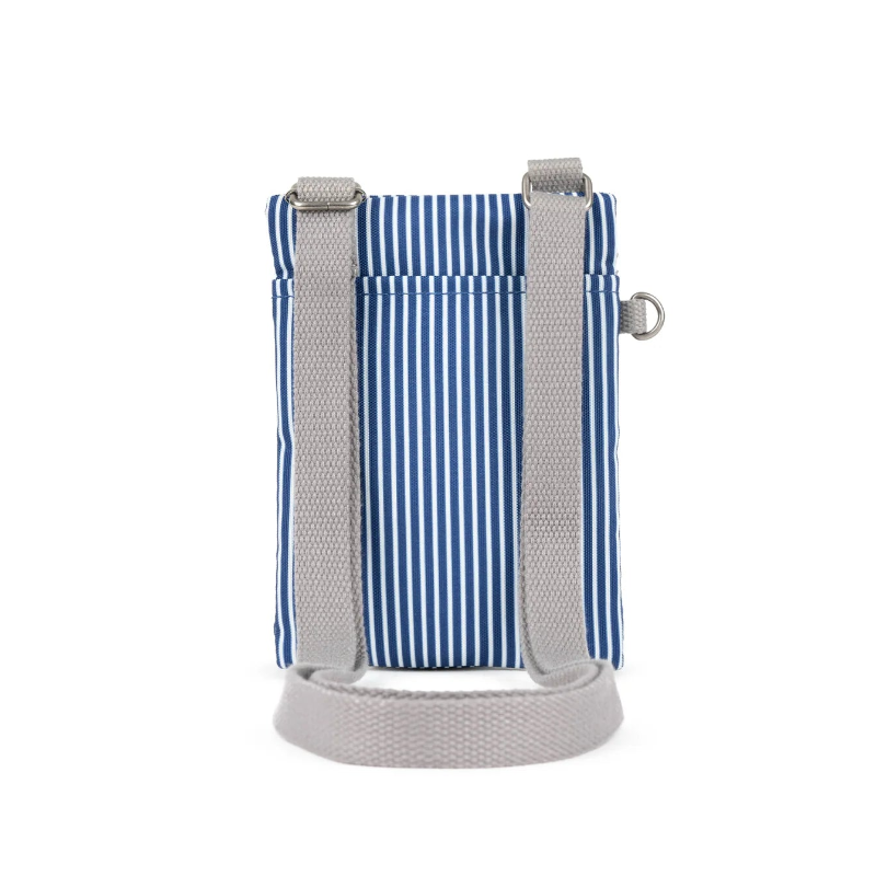 Blue and white striped bag with a strap on a white background