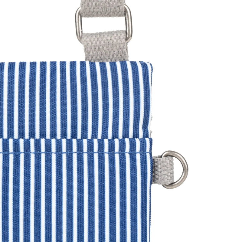 Close-up of a blue and white striped pouch with gray straps on a white background