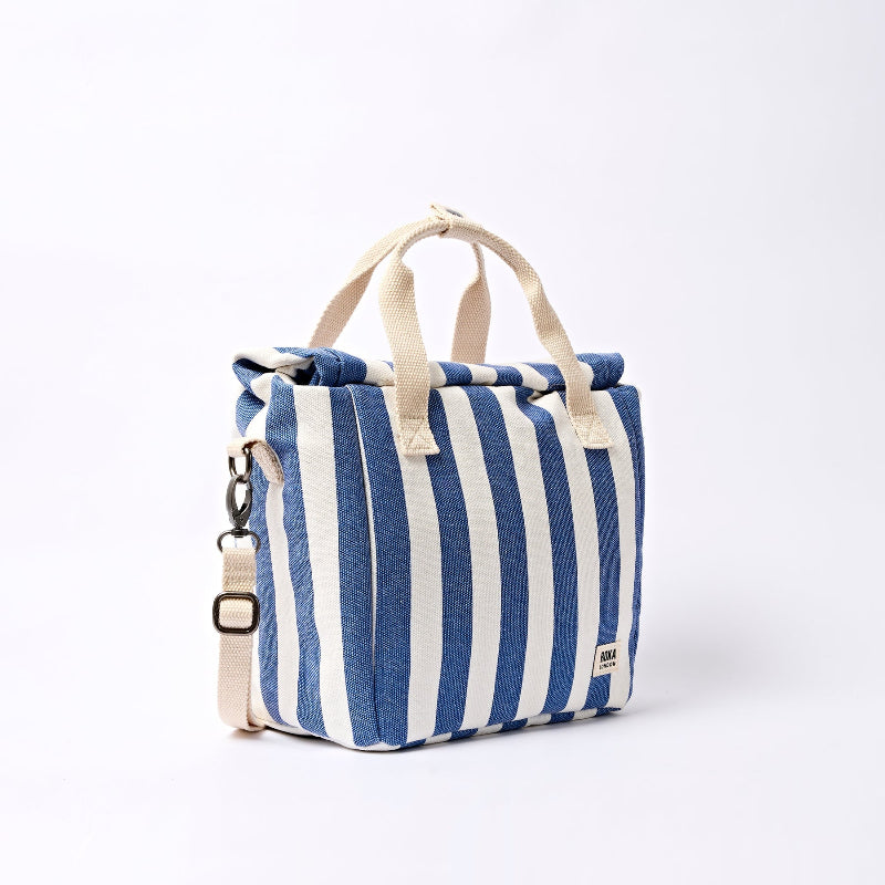 Roka Hampstead lunch bag with Blue and white stripes on a white background