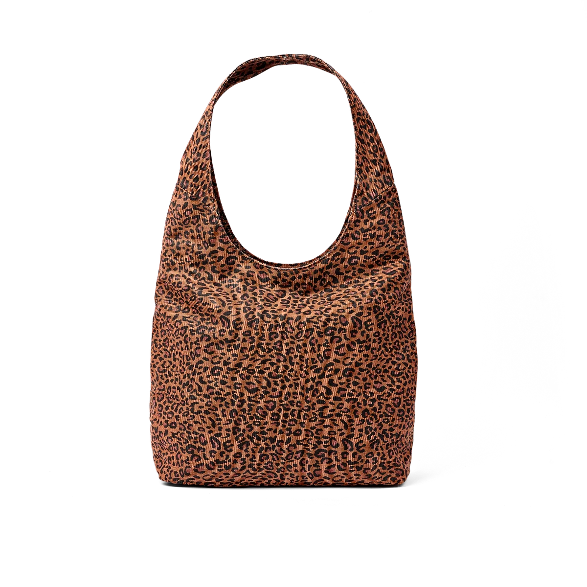 A slouchy shoulder bag with a brown and black leopard print pattern, shown against a plain white background.
