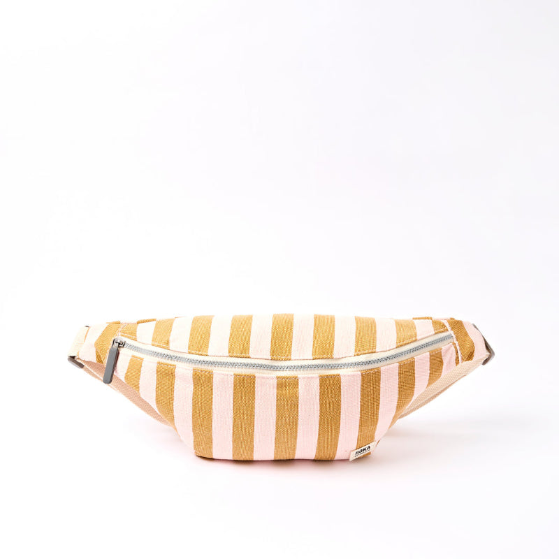 Striped sling bag with yellow and white stripes on a white background