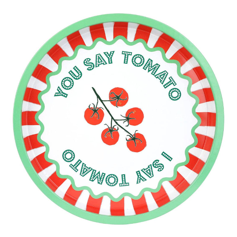 Round plate with tomato design and text 'You Say Tomato, I Say Tomato' on a white background