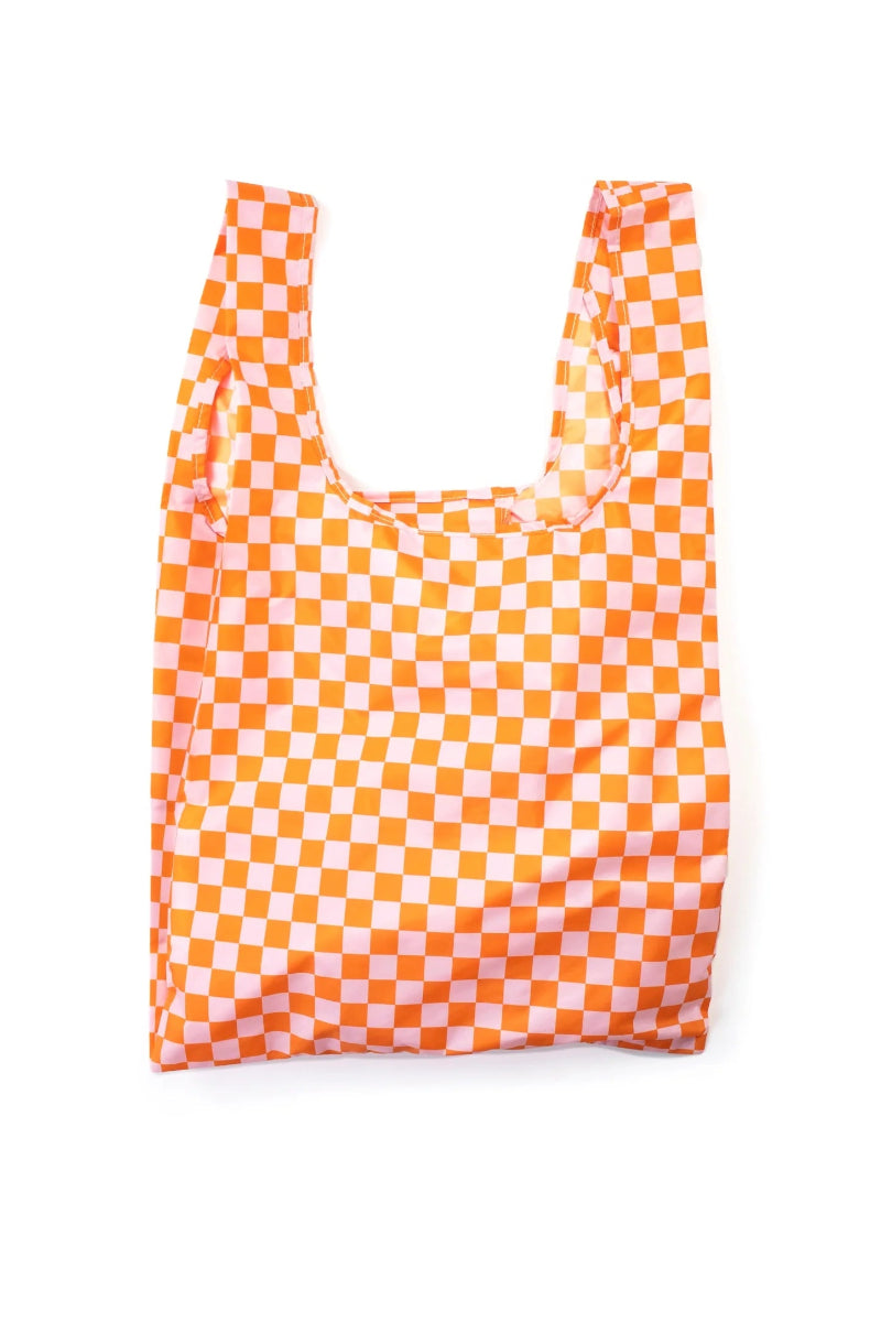 Checkerboard Pink & Orange Reusable Shopper white background