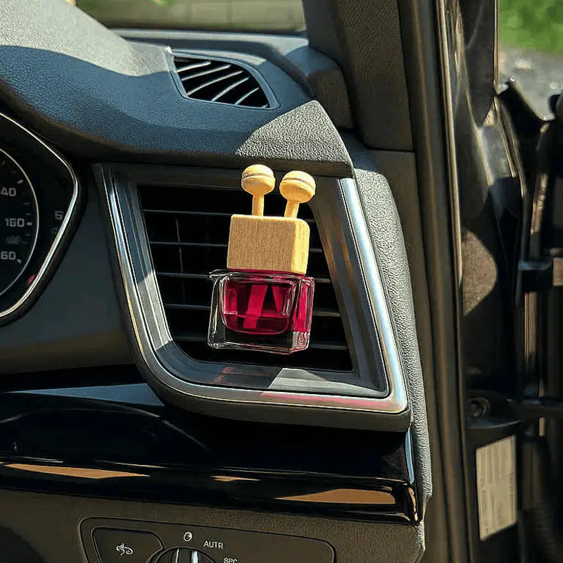 Car air freshener with reed design attached to a car's air vent.
