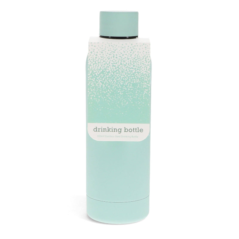 Mint green drinking bottle with a label on a white background
