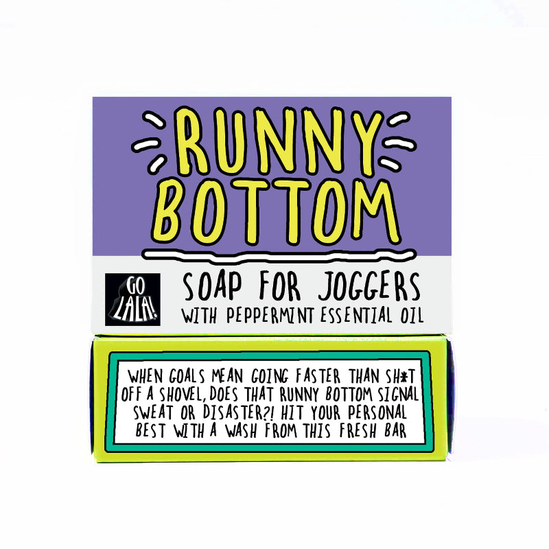 Soap bar packaging with 'Runny Bottom' branding on a white background