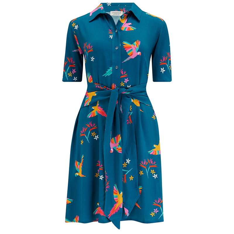 Sugarhill Dessie Shirt Dress teal with rainbow parrot pattern