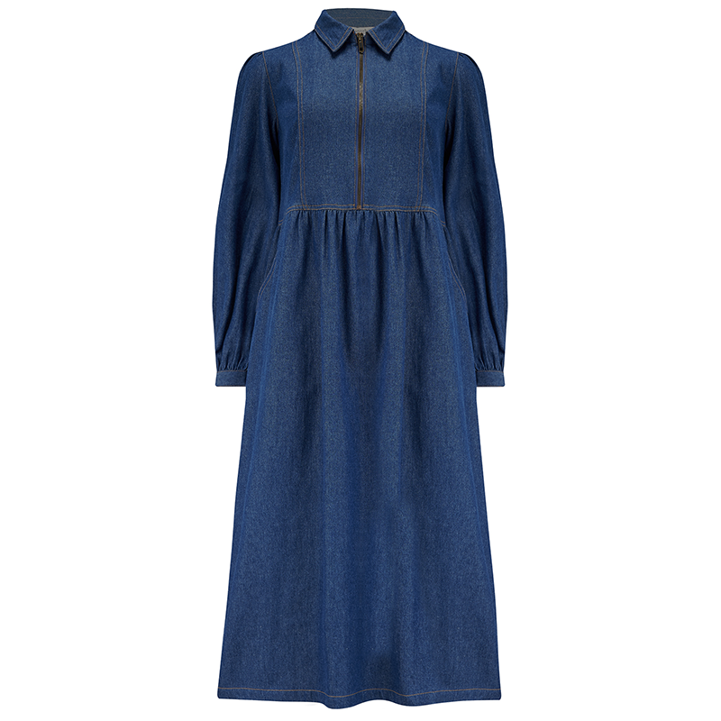 Sugarhill Kirsty Midi Smock Dress-Mid Blue Denim