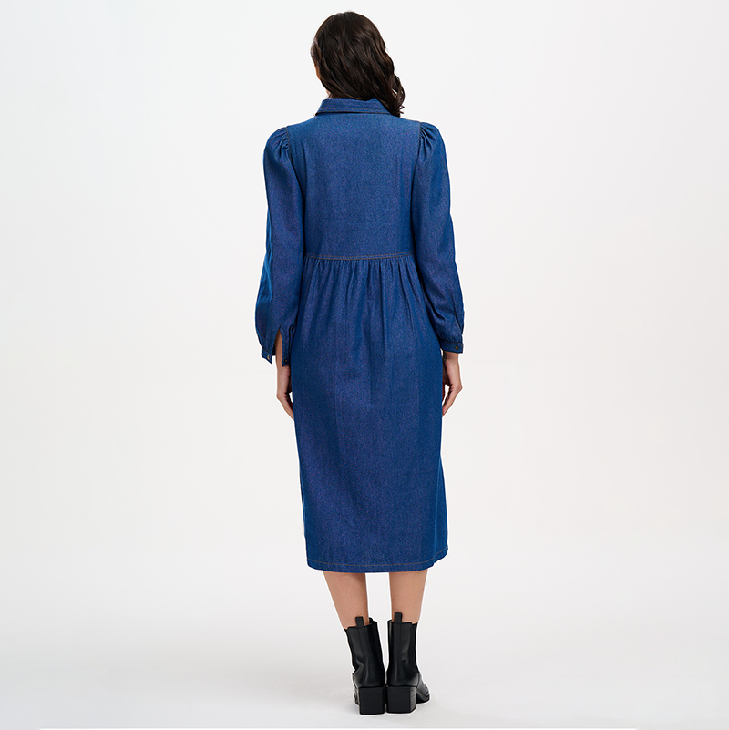 Sugarhill Kirsty Midi Smock Dress-Mid Blue Denim BACK