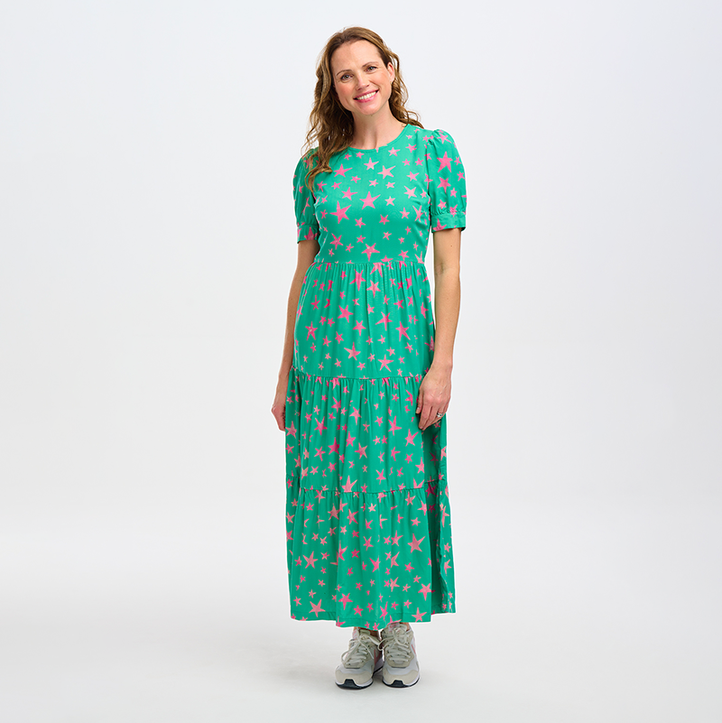 Sugarhill Portia Batik Maxi Tiered Dress GREEN WITH PINK STARS