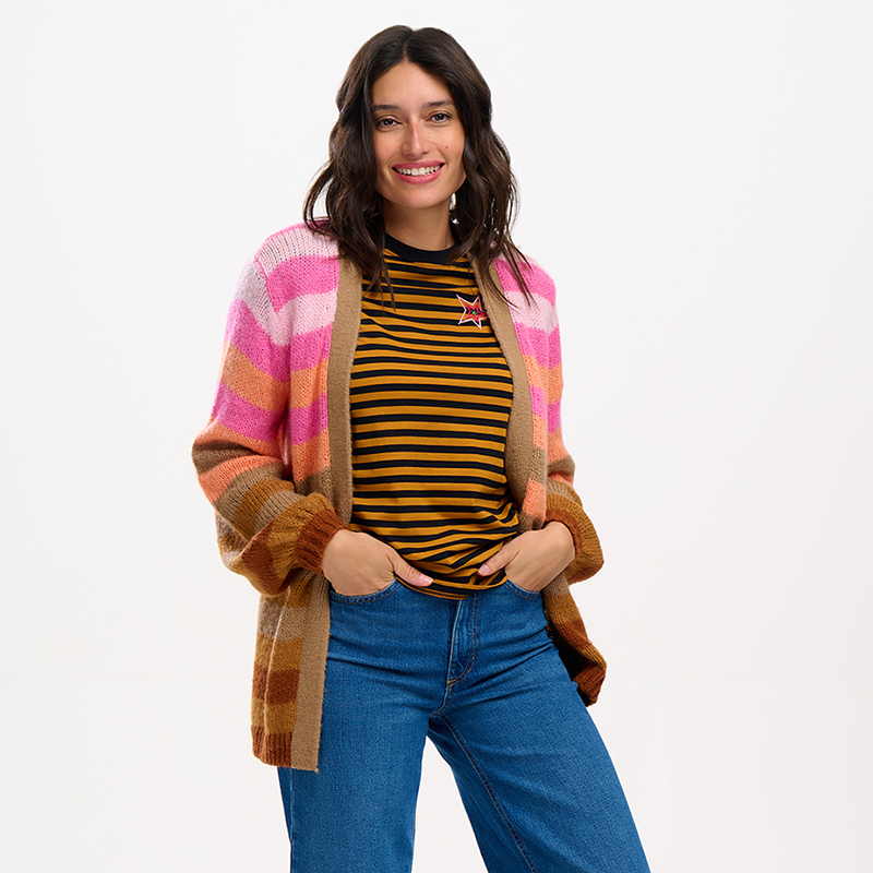 Sugarhill Yvette Cardigan-Multi Ombre Stripe ON MODEL