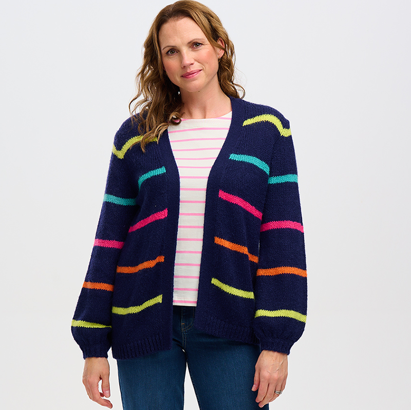 SUGARHILL YVETTE CARDIGAN NAVY WITH BRIGHT STRIPES OPEN FRONT