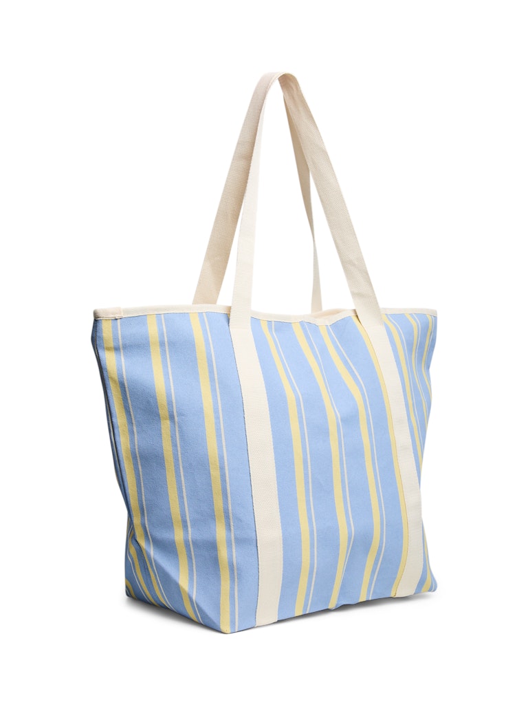 Striped tote bag with blue, yellow, and white pattern on a white background