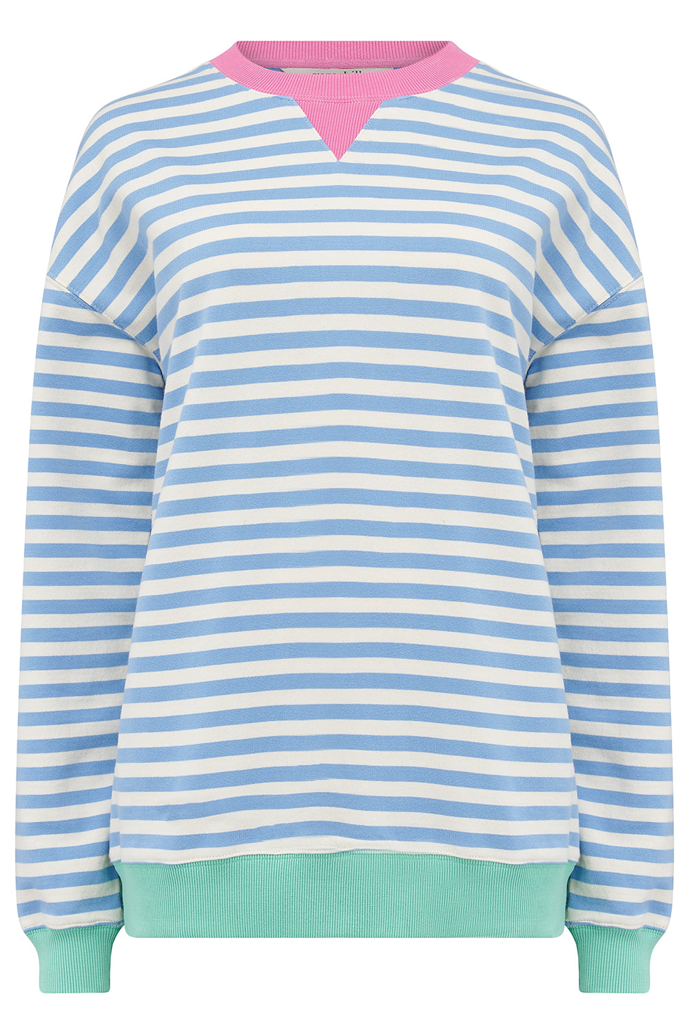 Striped sweater with blue and white horizontal stripes, pink collar, and green hem on a white background