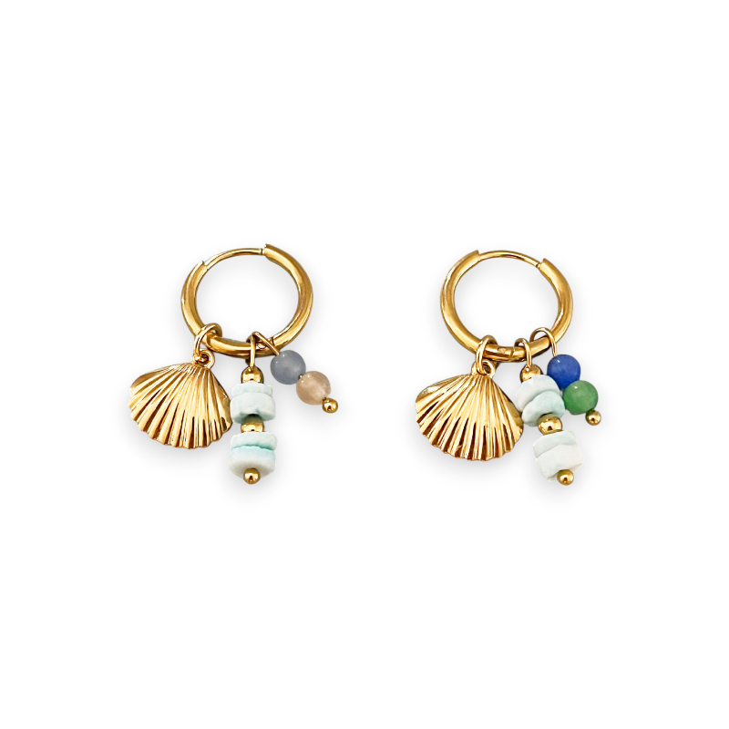 Shell Charm Hoop Earrings Gold on white background