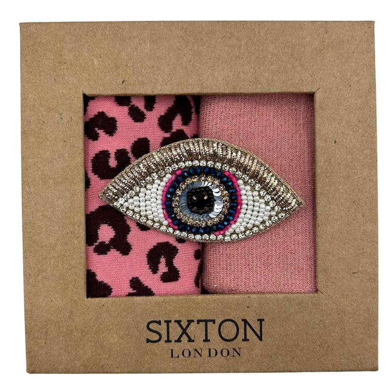 Sixton Pink lLeopard Sock Duo C/w Beaded Eye Brooch