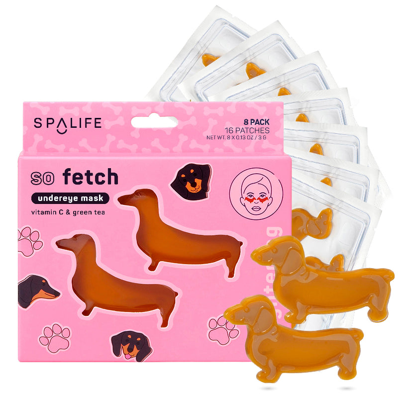 SpaLife 'So Fetch' undereye mask packaging with dachshund illustrations on a pink background.