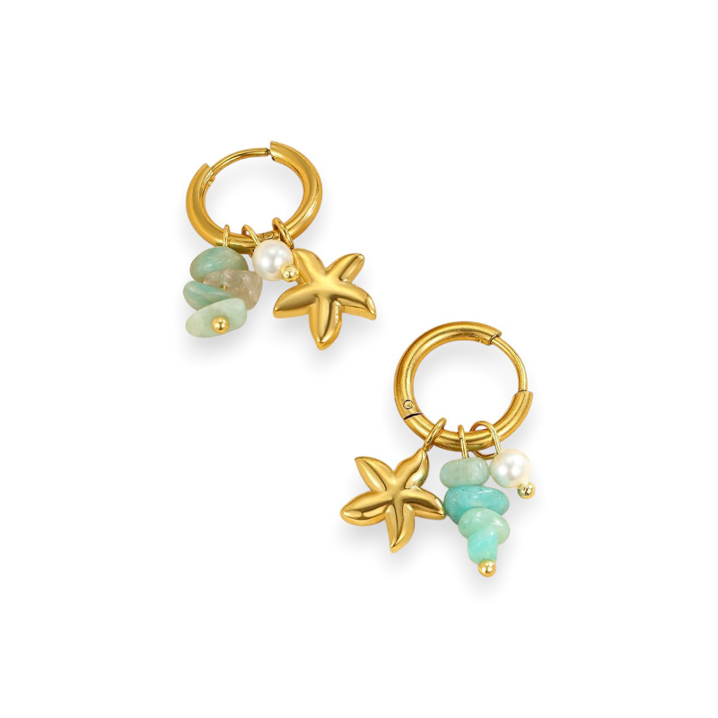 Starfish Charm Hoop Earrings Gold on white background