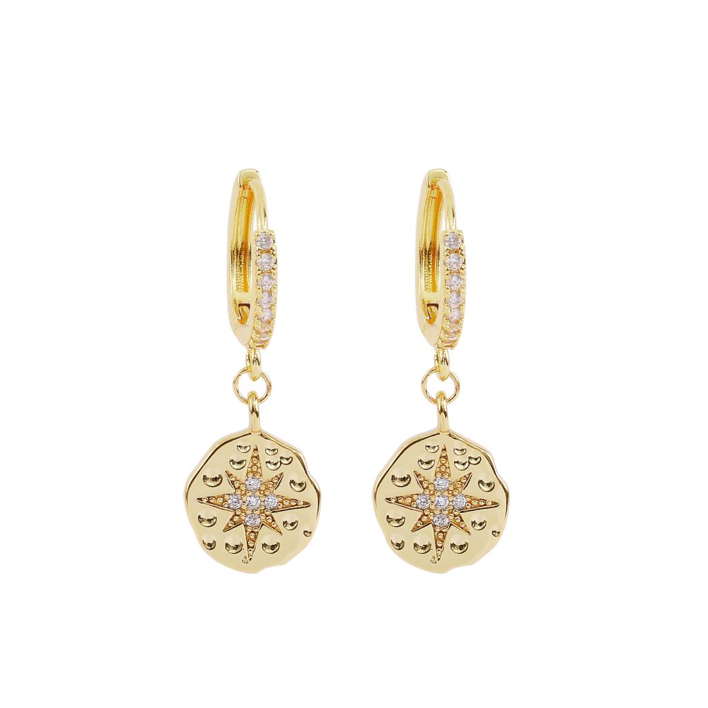 star imprint gold drop huggie earrings with cz