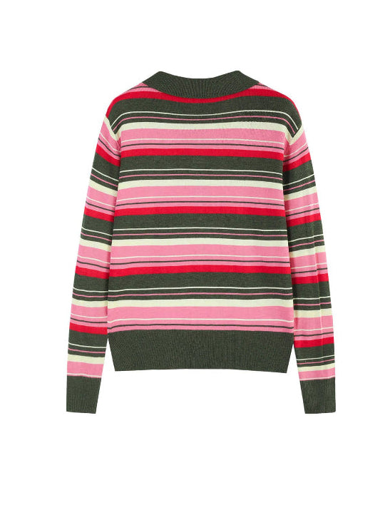 Striped sweater with pink, green, and black colors on a white background
