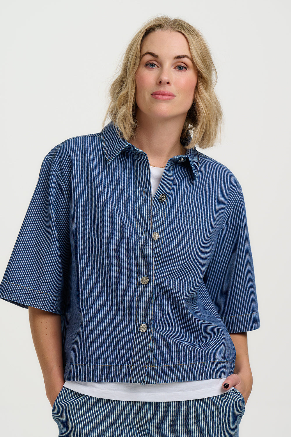 Sugarhill Amity Jacket-Blue Stripe Denim on woman with a white background