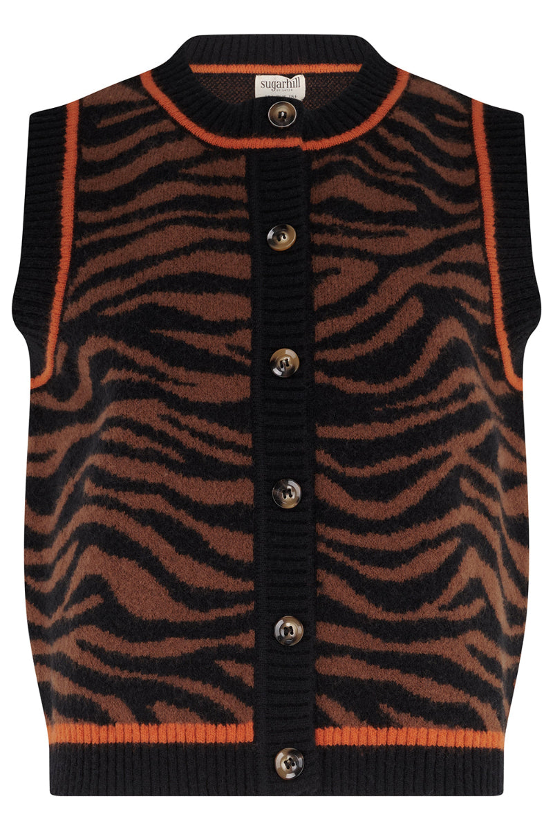 Tiger patterned vest with buttons on a white background