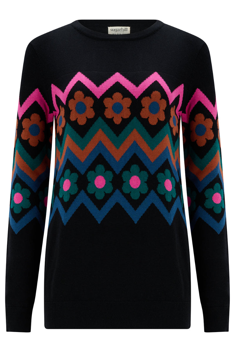 Black sweater with colorful geometric pattern on a white background