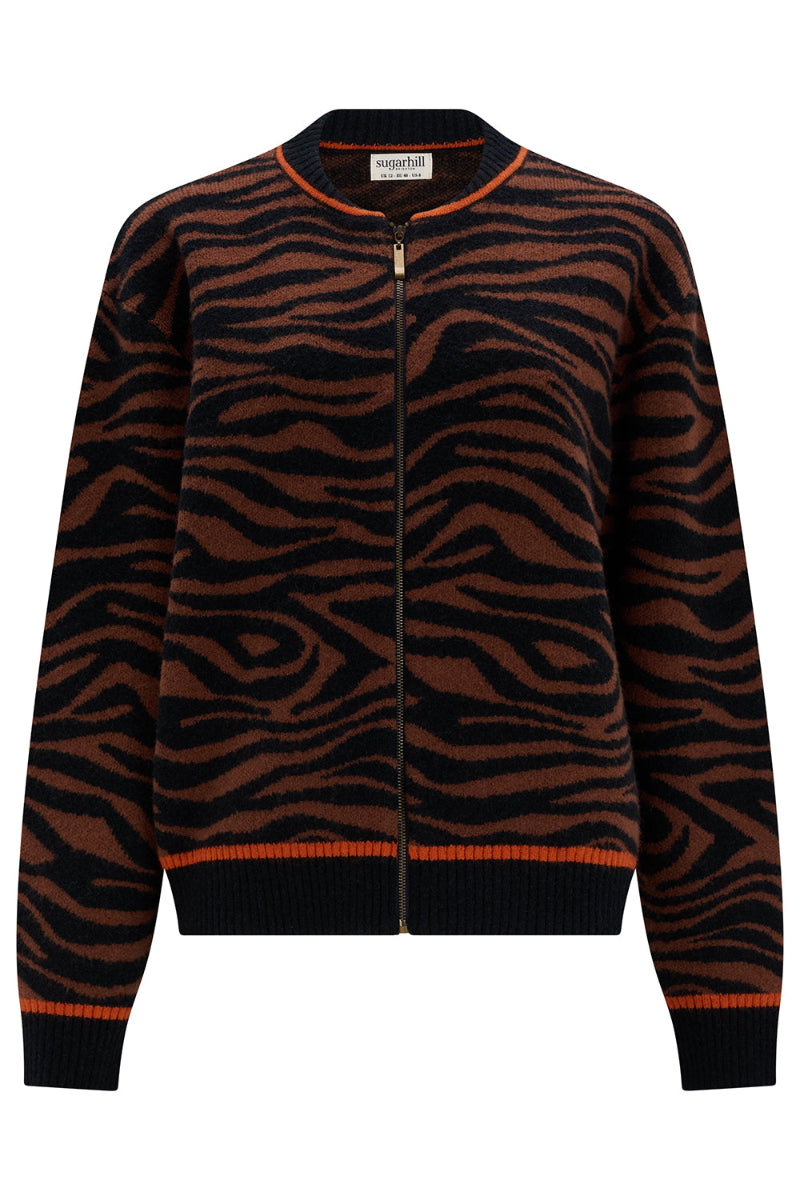 Zebra pattern jacket with orange accents on a white background