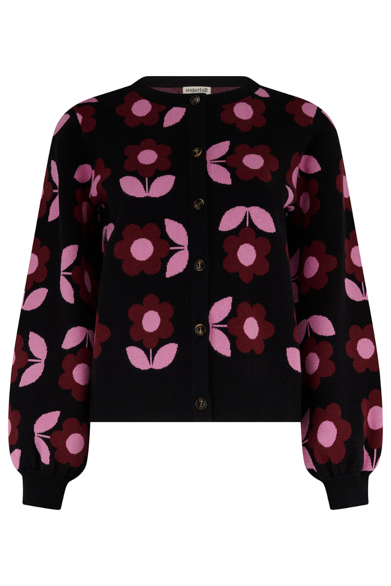 Black cardigan with pink floral pattern on a white background