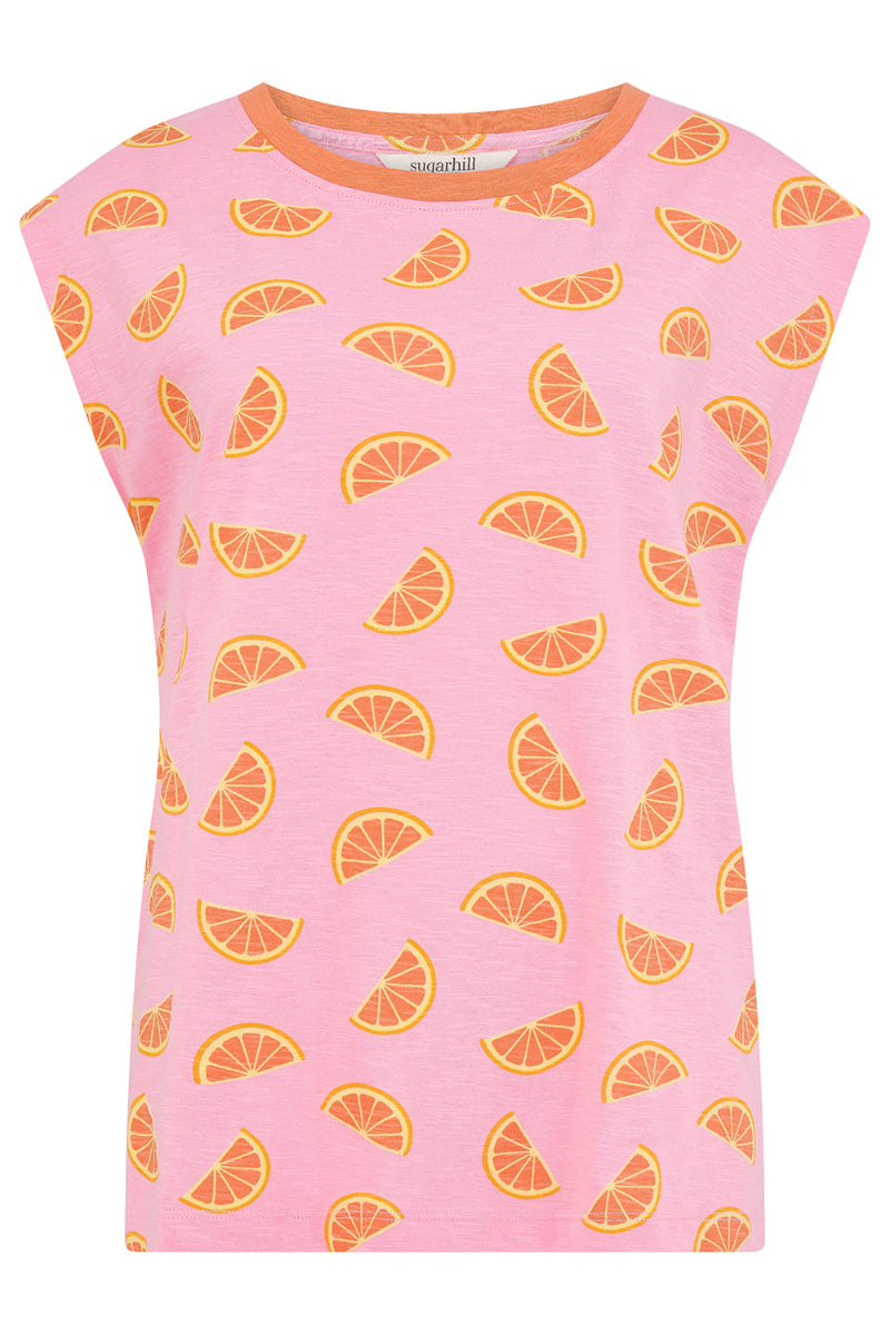 Pink sleeveless top with orange slice pattern on a white background