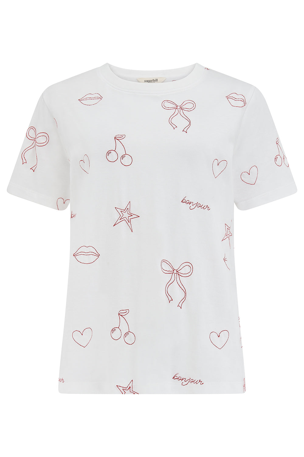 Sugarhill Maggie T-Shirt White t-shirt with red graphics and text on a white background