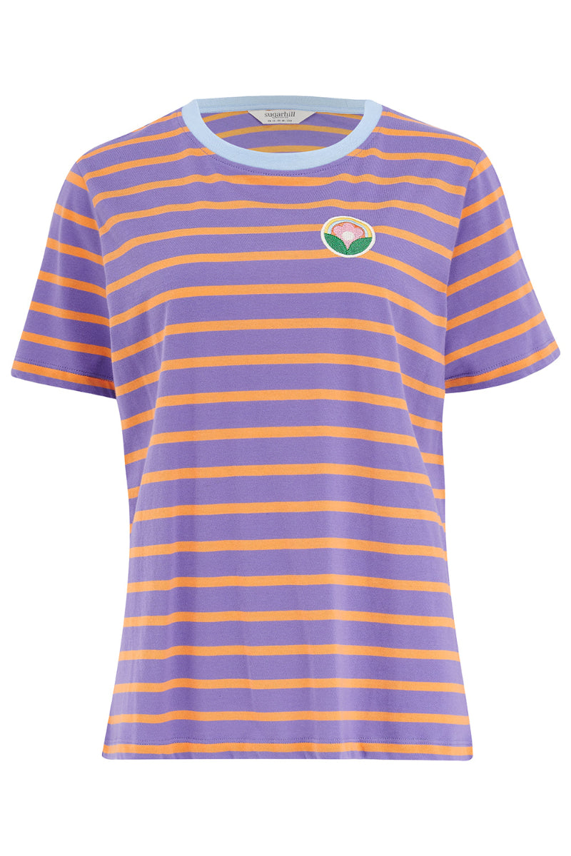 Purple and orange striped t-shirt with a logo on a white background