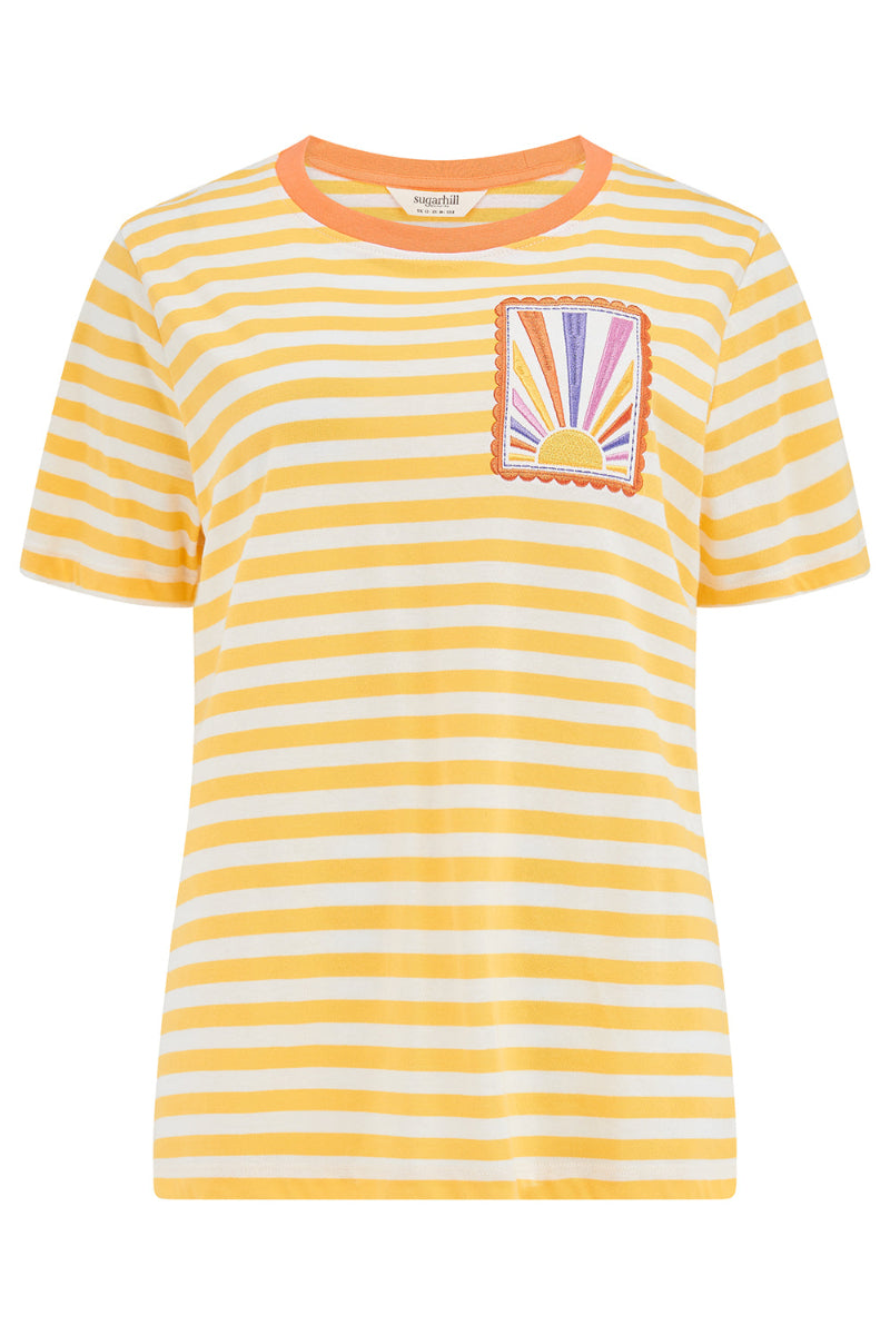 Yellow and white striped t-shirt with a colorful rainbow design on a white background