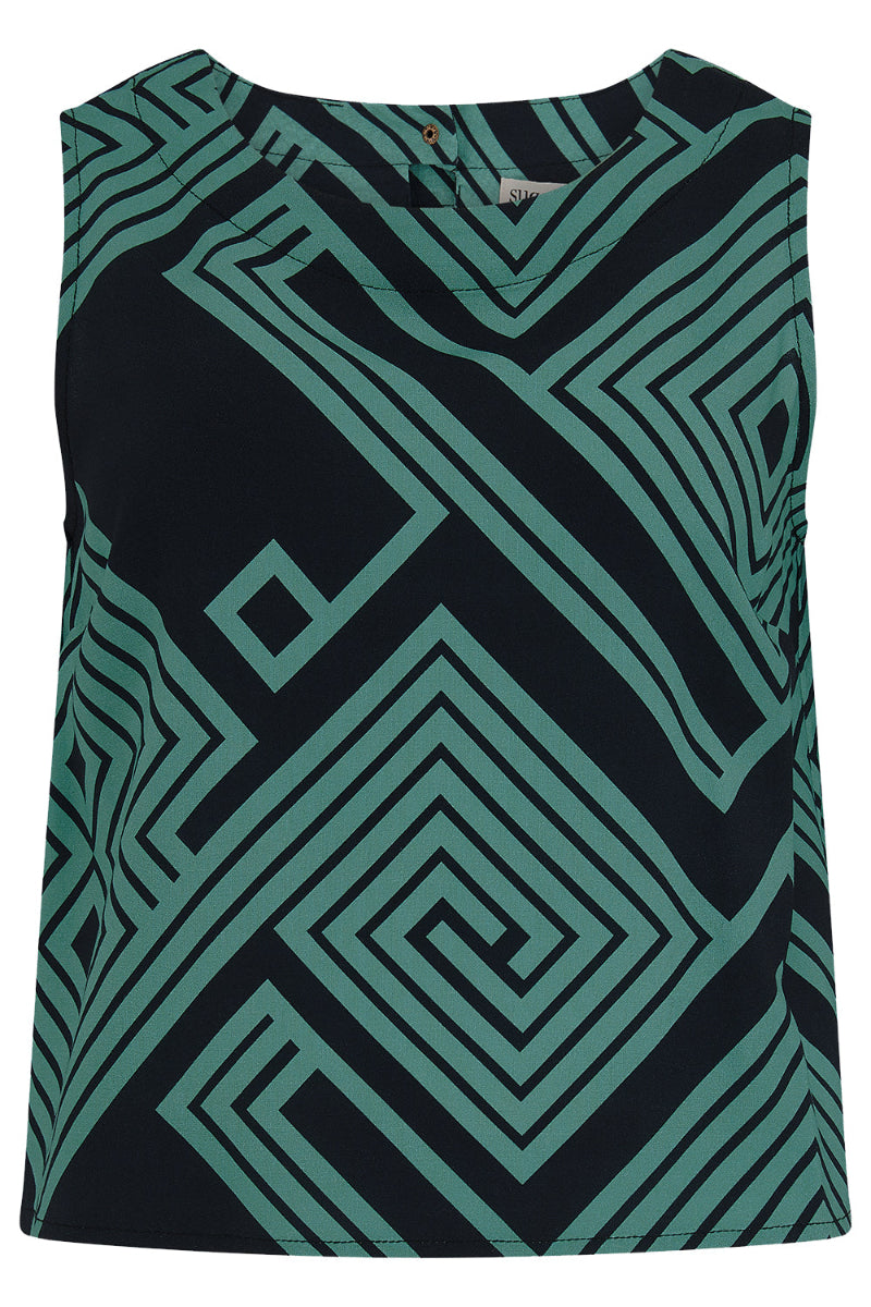 Black sleeveless top with green geometric pattern on a plain background