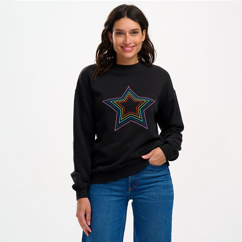 Sugarhill Noah Sweatshirt-Black, Rainbow Star with jeans