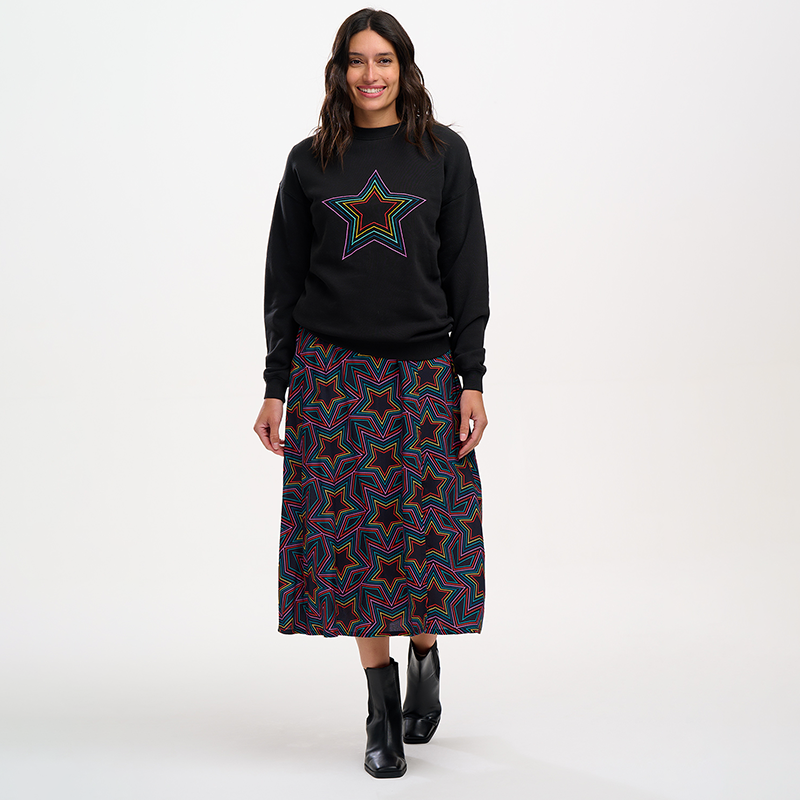 Sugarhill Rosalind Skirt-Black, Rainbow Star Explosion with matching sweatshirt