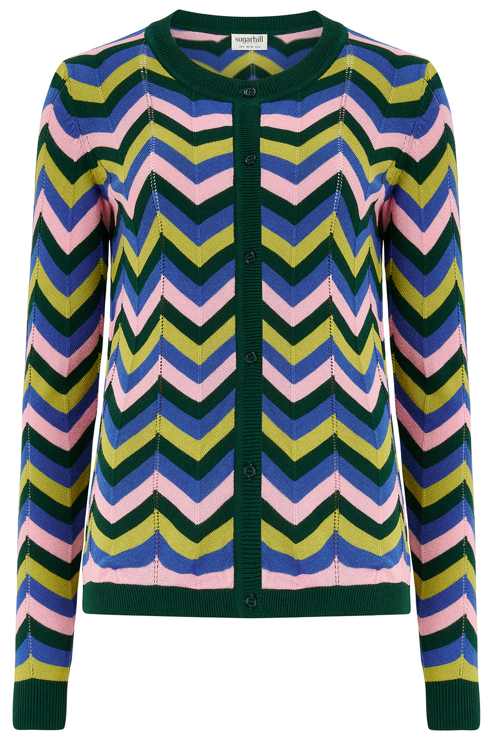 Sugarhill Rochelle Cardigan. Colourful zigzag-patterned cardigan on a white background