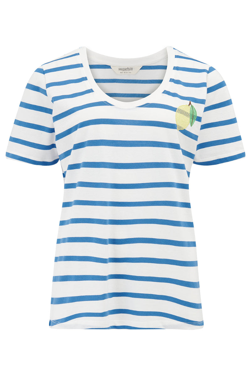 White t-shirt with blue stripes on a white background