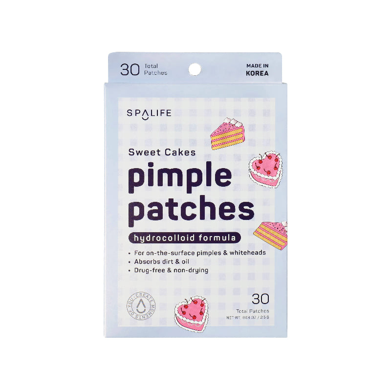 Spalife pimple patches packaging with cake illustrations on a white background