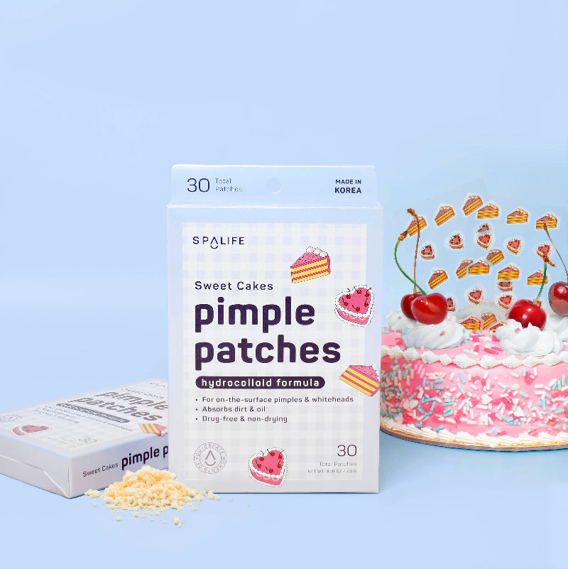 Spalife pimple patches packaging with a cake on a blue background