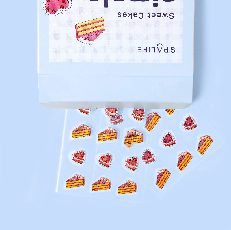 Pack of stickers with cake designs on a light blue background