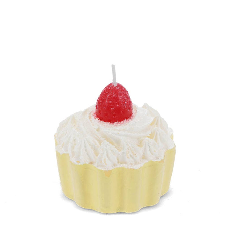 Cupcake-shaped candle with white frosting and a red cherry on top against a white background