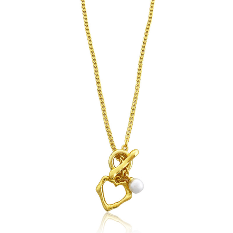 Mishape Heart & Pearl T-bar Necklace Gold