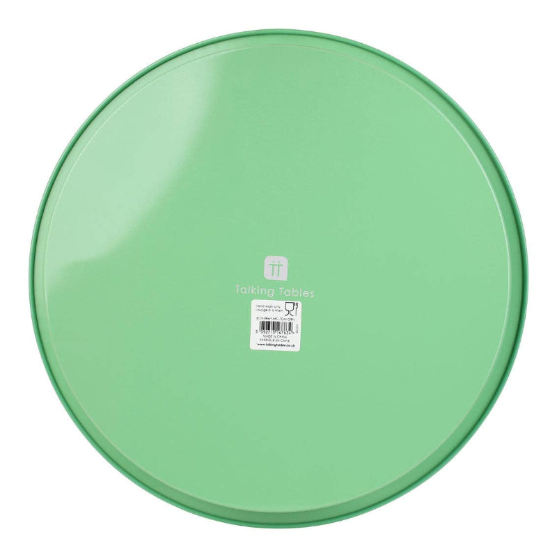Green round tray with a label on a white background