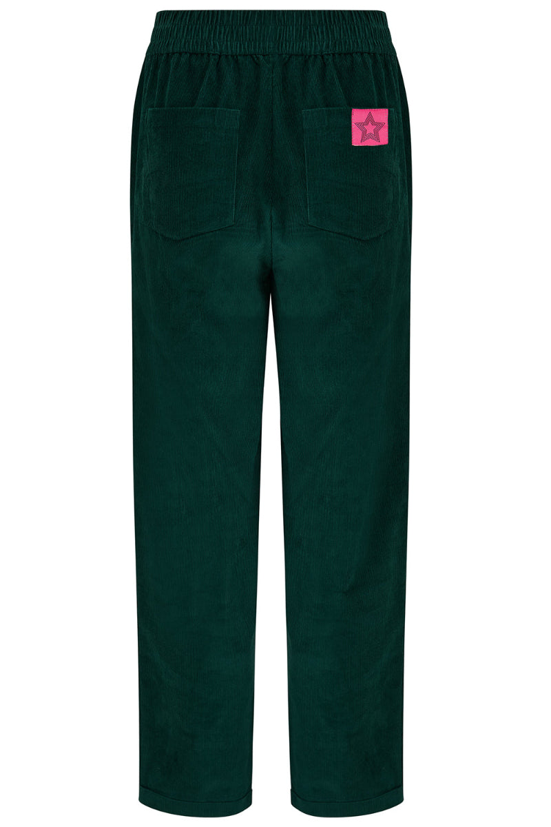 Sugarhill Vonnie Trouser Green cords with a pink label on a white background