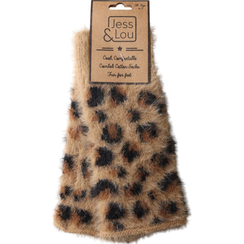 Leopard print fingerless mittens with 'Jess & Lou' label on a white background