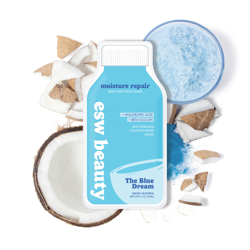 Esw Beauty The Blue Dream facial mask with coconut pieces and blue liquid on a white background