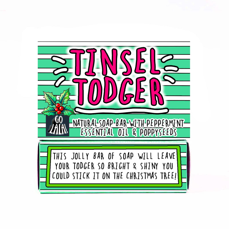 Product packaging for 'Tinsel Todger' soap with festive design and text.