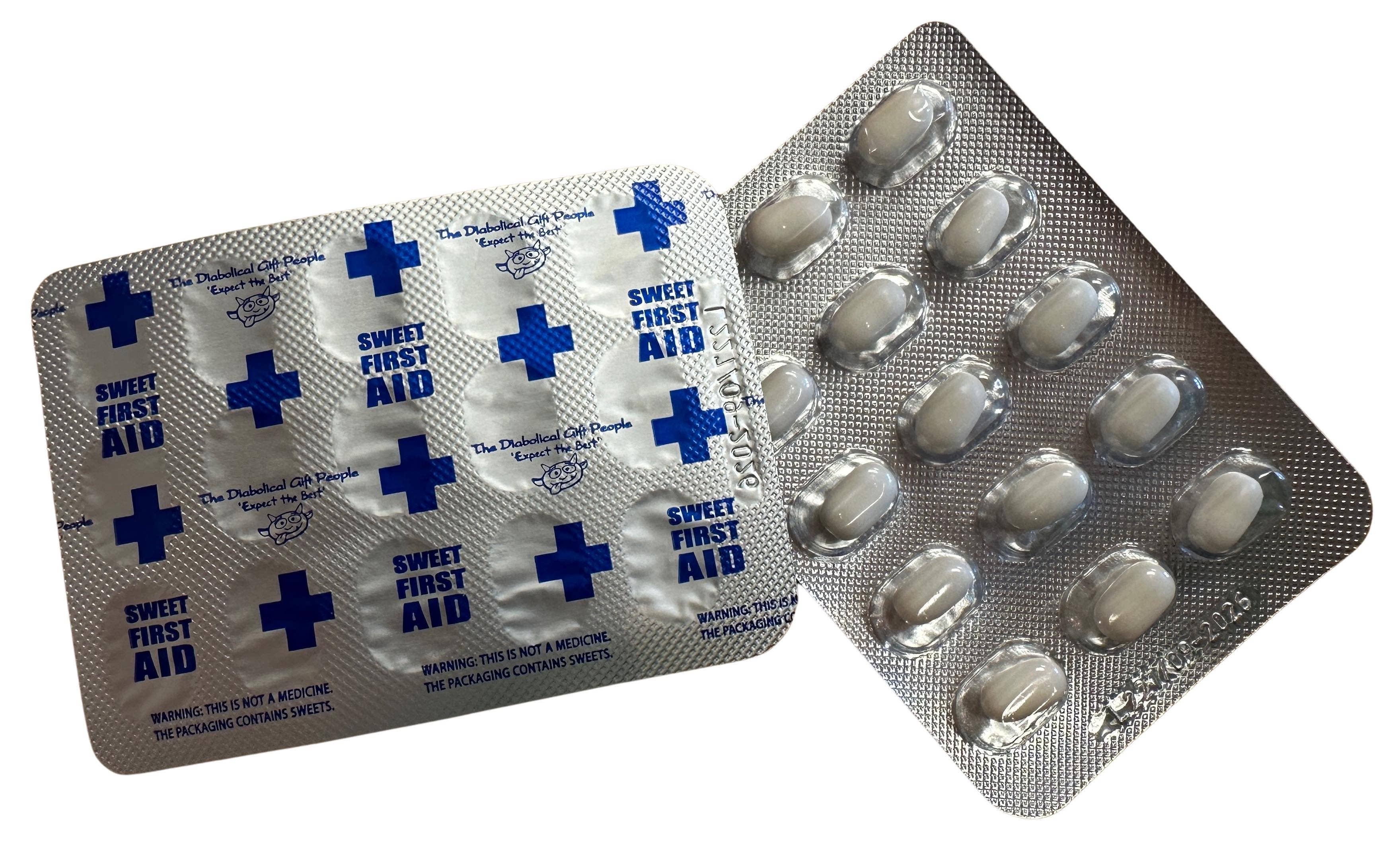 Sweet First Aid packaging with silver capsules on a white background