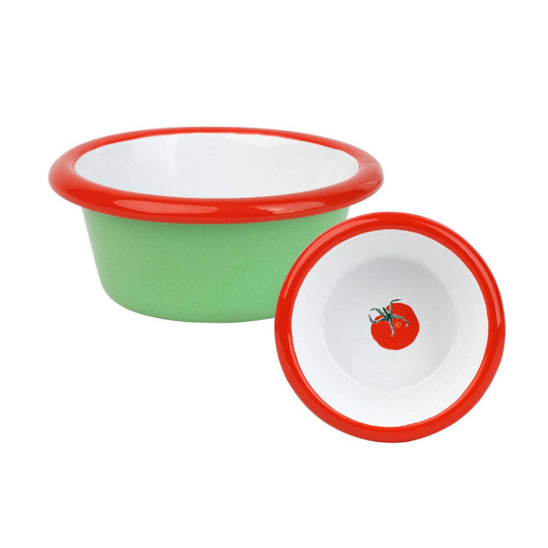 Two ceramic bowls with red rims and white interiors on a white background